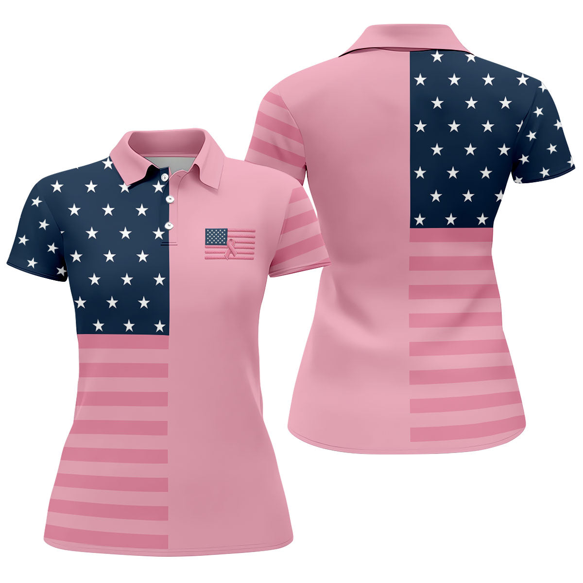 Printed Pink USA Flag Breast Cancer Polo Shirt, Golf Tops For Women, Printed Golf Shirt