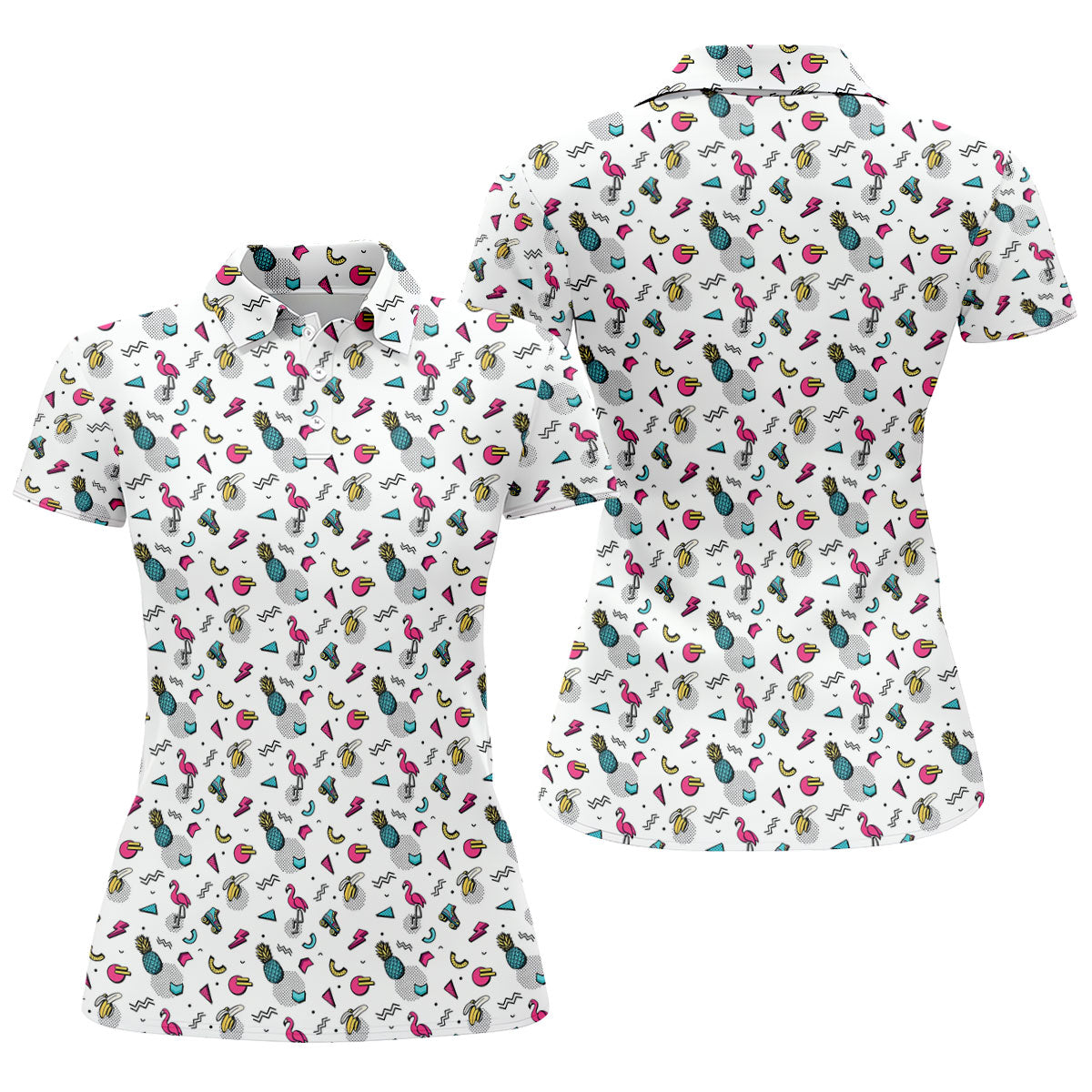 White Retro Summer Flamingo Pattern Golf Polo Shirt, Golf Shirts For Women, Women's Golf Polo