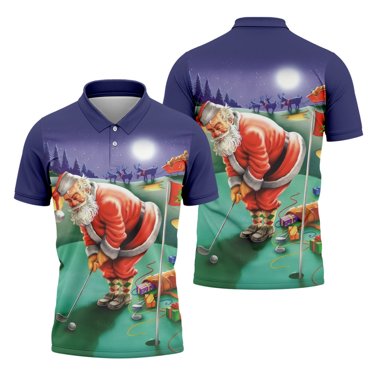 Men's Santa Night Golf Scene Golf Shirt, Christmas Golf Shirt, Golf Apparel For Men