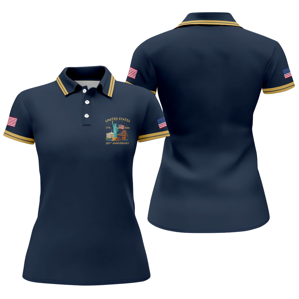 American Symbols Navy Patriotic Golf Shirt, US 250 Years 4th Of July Golf Shirt For Women