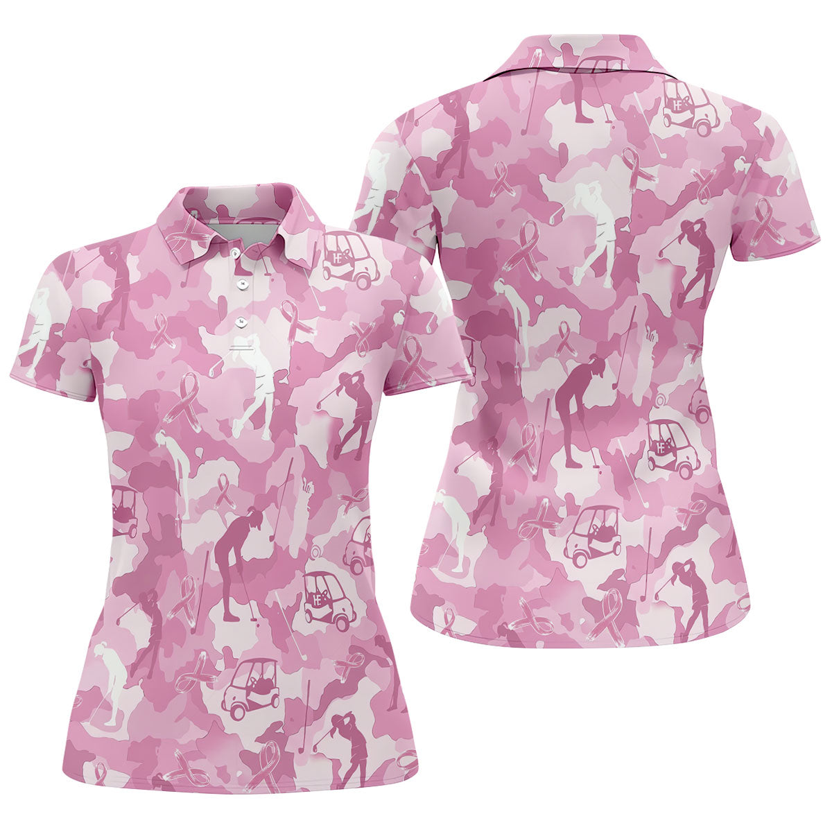 Pink Camo Golfer Breast Cancer Ribbon Polo Shirt, Ladies Golf Tops, Women’s Golf Polo