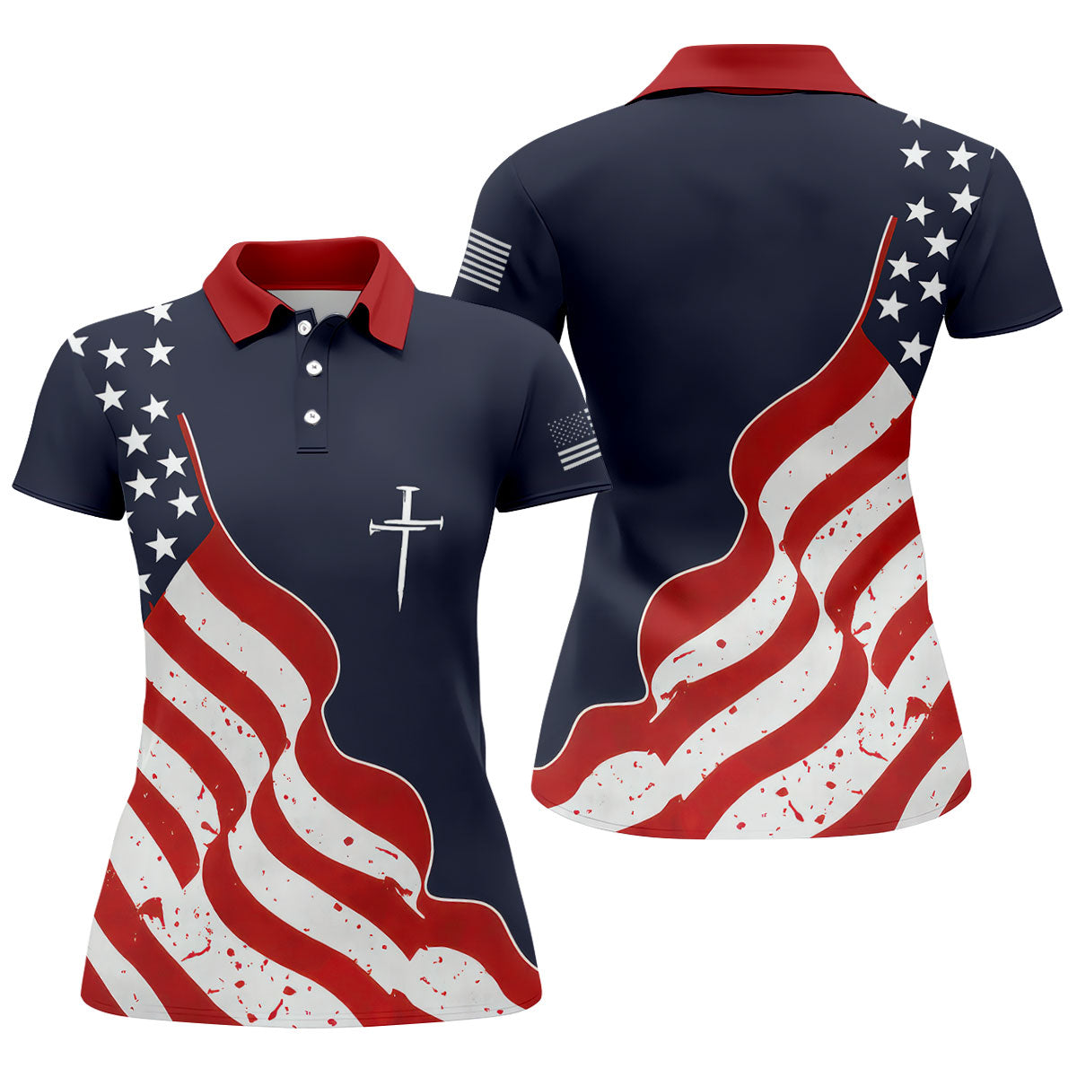 Faith Cross America 250th Anniversary 4th Of July Shirt, Patriotic Navy Golf Shirt For Women