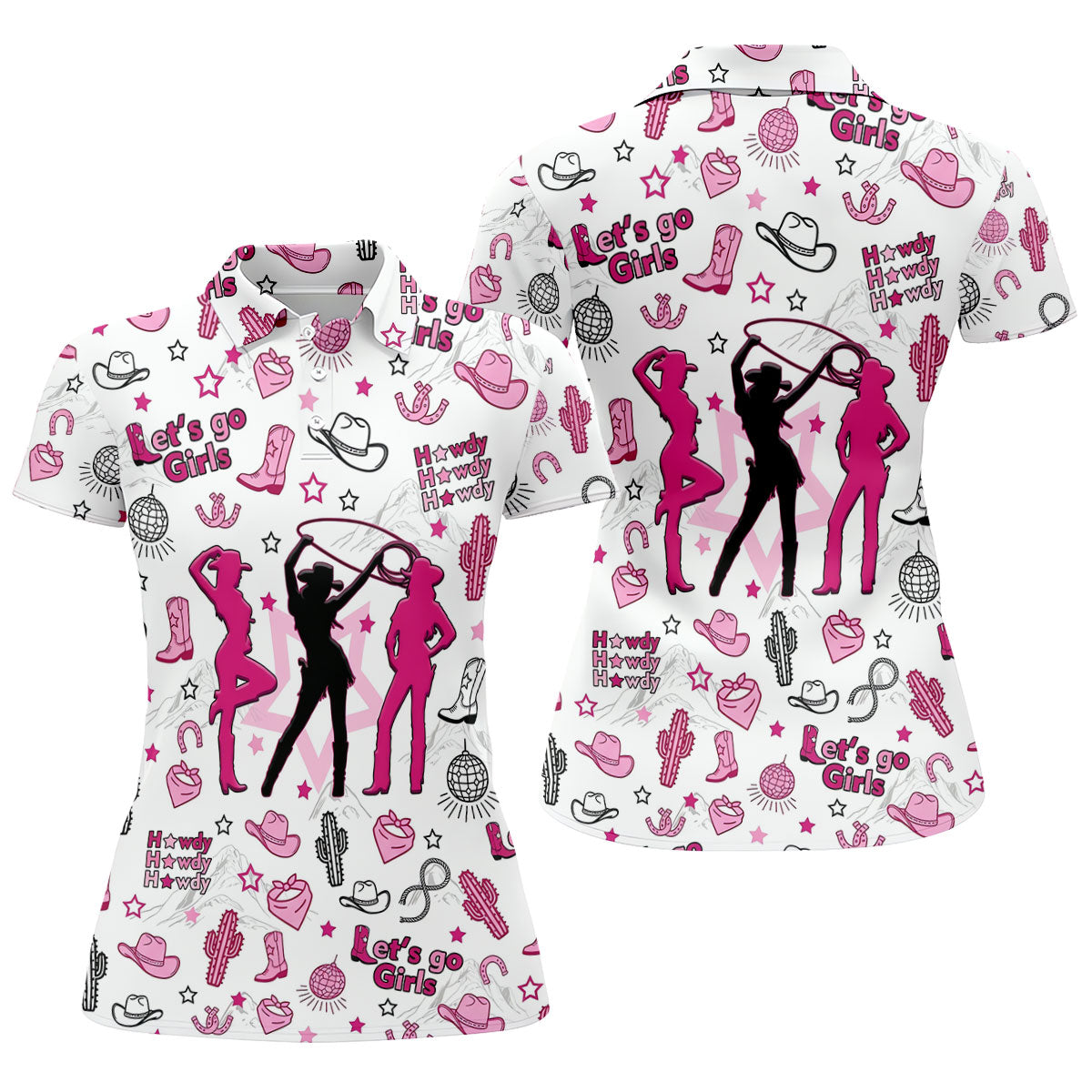 Pink Black Three Cowgirls Western Golf Polo Shirt, Women's Golf Polo, Ladies Golf Tops