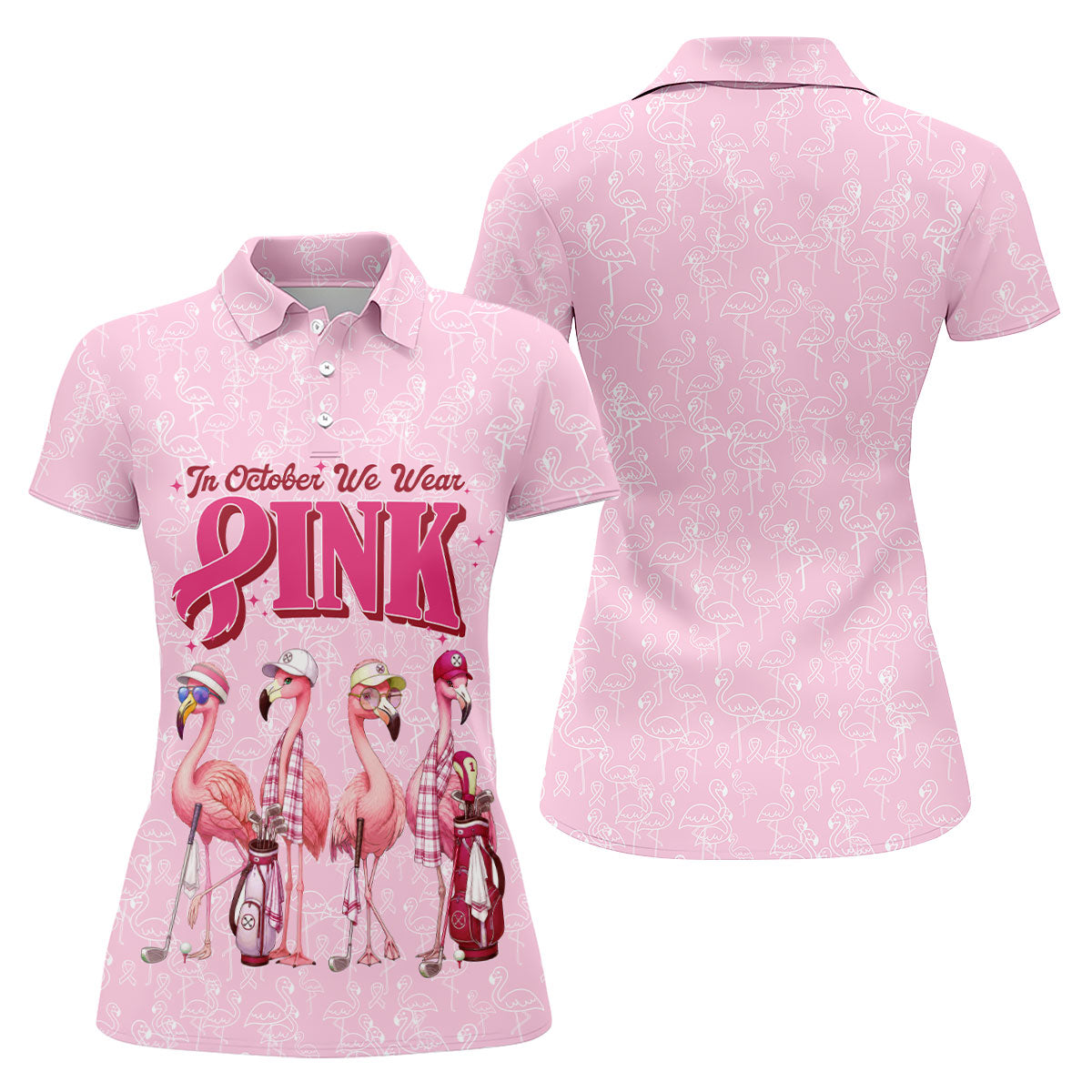 In October We Wear Pink Flamingo Breast Cancer Polo, Ladies Golf Shirts, Womens Golf Tops