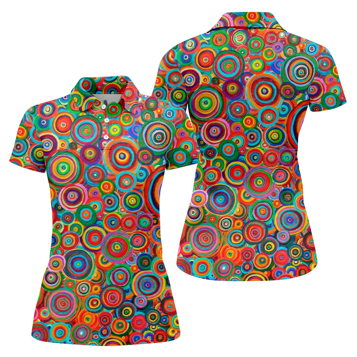 Colorful Abstract Circle Pattern Polo Shirt, Printed Golf Shirt, Hawaiian Golf Shirt, Women’s Golf Tops