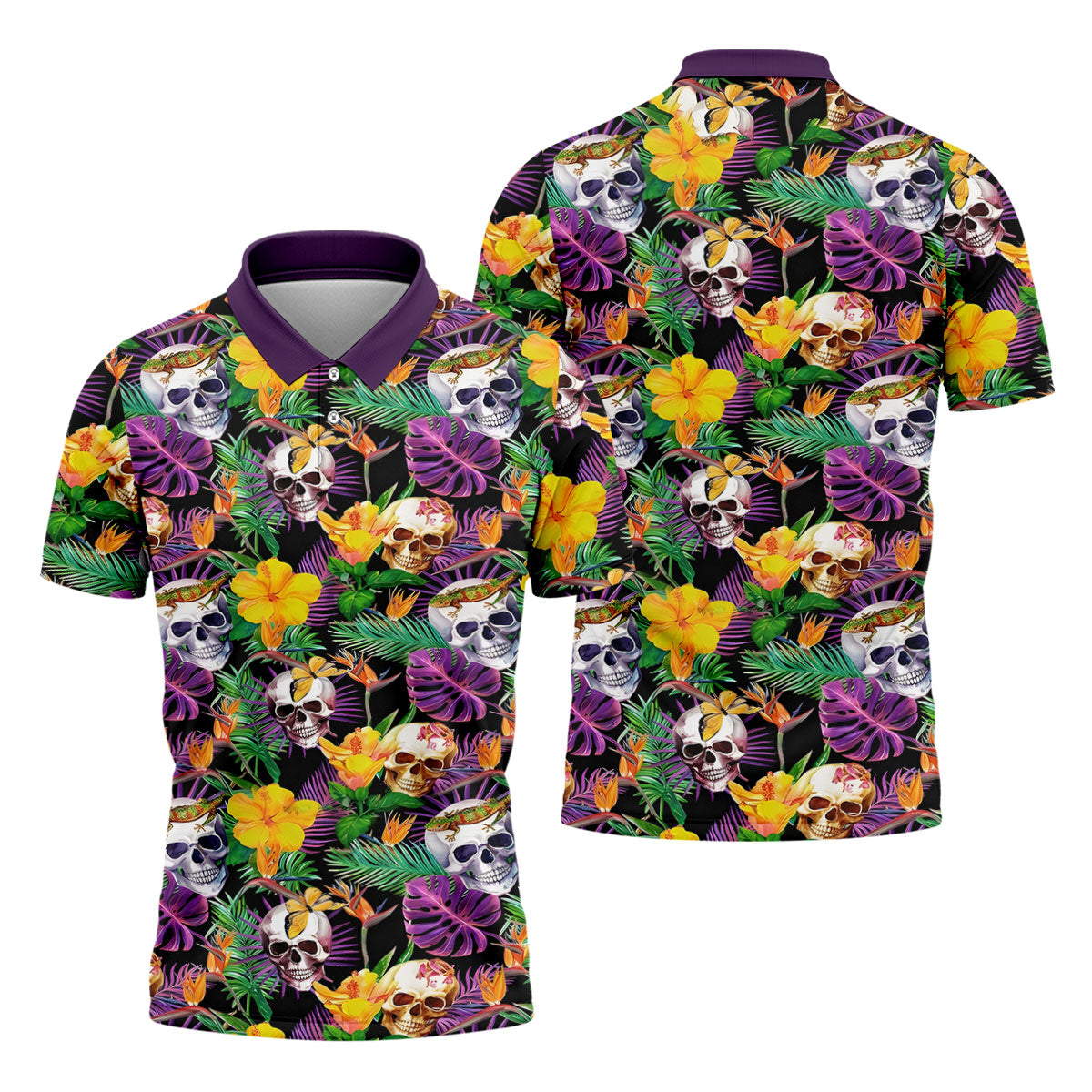 Tropical Sugar Skull Floral Golf Polo Shirt, Golf Shirts For Men, Printed Golf Shirts
