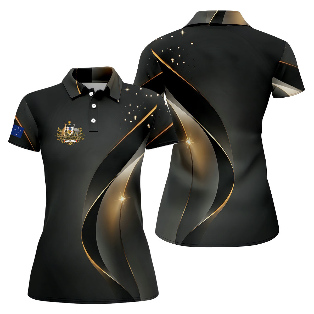 Australian Coat Of Arms Black And Gold Gradient Ladies Golf Tops, Golf Shirt For Women