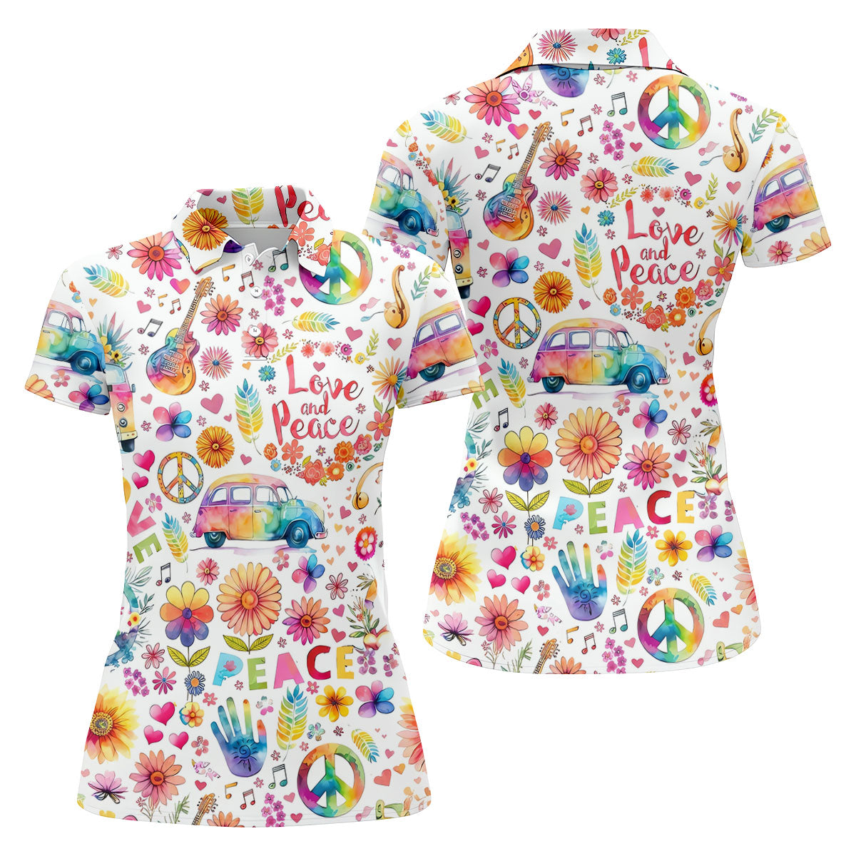 Retro Love Peace Van Floral Hawaiian Golf Shirt, Women’s Golf Tops, Performance Golf Shirt