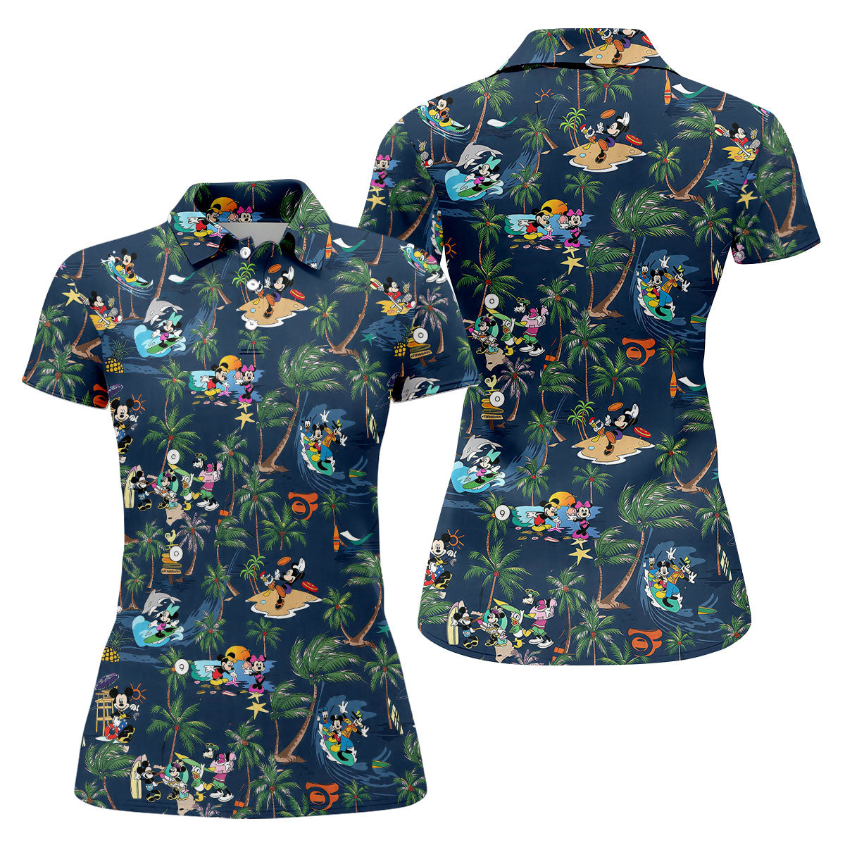 Cartoon Tropical Surf Beach Golf Polo Shirt, Golf Shirts For Women, Women’s Golf Polo