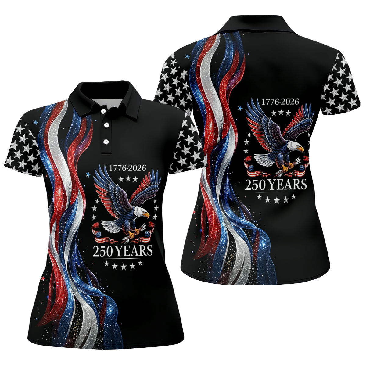 Bald Eagle Red White Blue Wavy Stripes Patriotic Golf Shirt, 250 Years 4th Of July Golf Shirt For Women