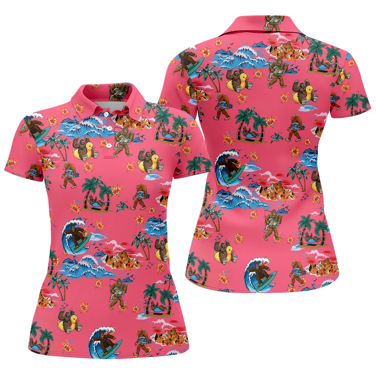 Pink Tropical Bigfoot Hawaiian Golf Polo Shirt, Golf Shirts For Women, Women's Golf Polo