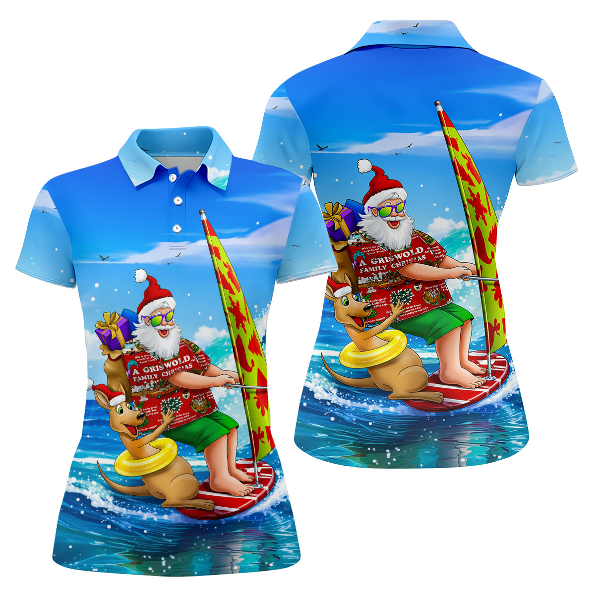 Santa And Reindeer Beach Surfing Christmas Golf Shirt, Women's Golf Tops, Hawaiian Golf Shirt