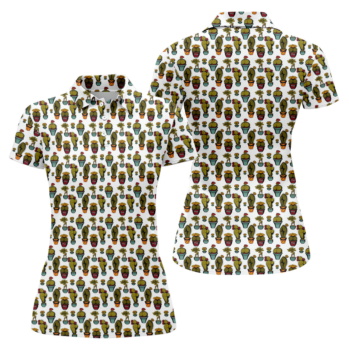 Cute Potted Cactus Pattern Golf Polo Shirt, Ladies Golf Tops, Women's Golf Polo