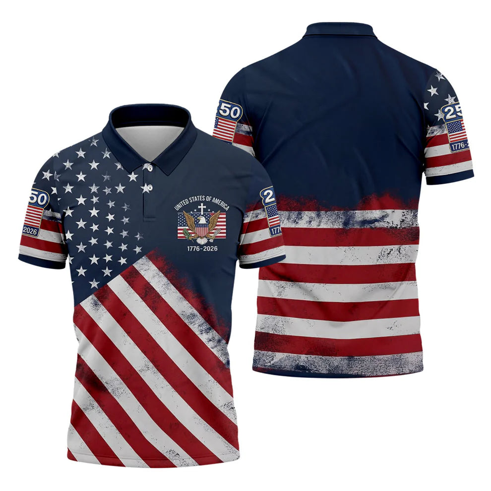 US Bald Eagle Distressed Flag 250 Faith Cross Golf Tops For Men, Patriotic 4th Of July Golf Shirts For Men