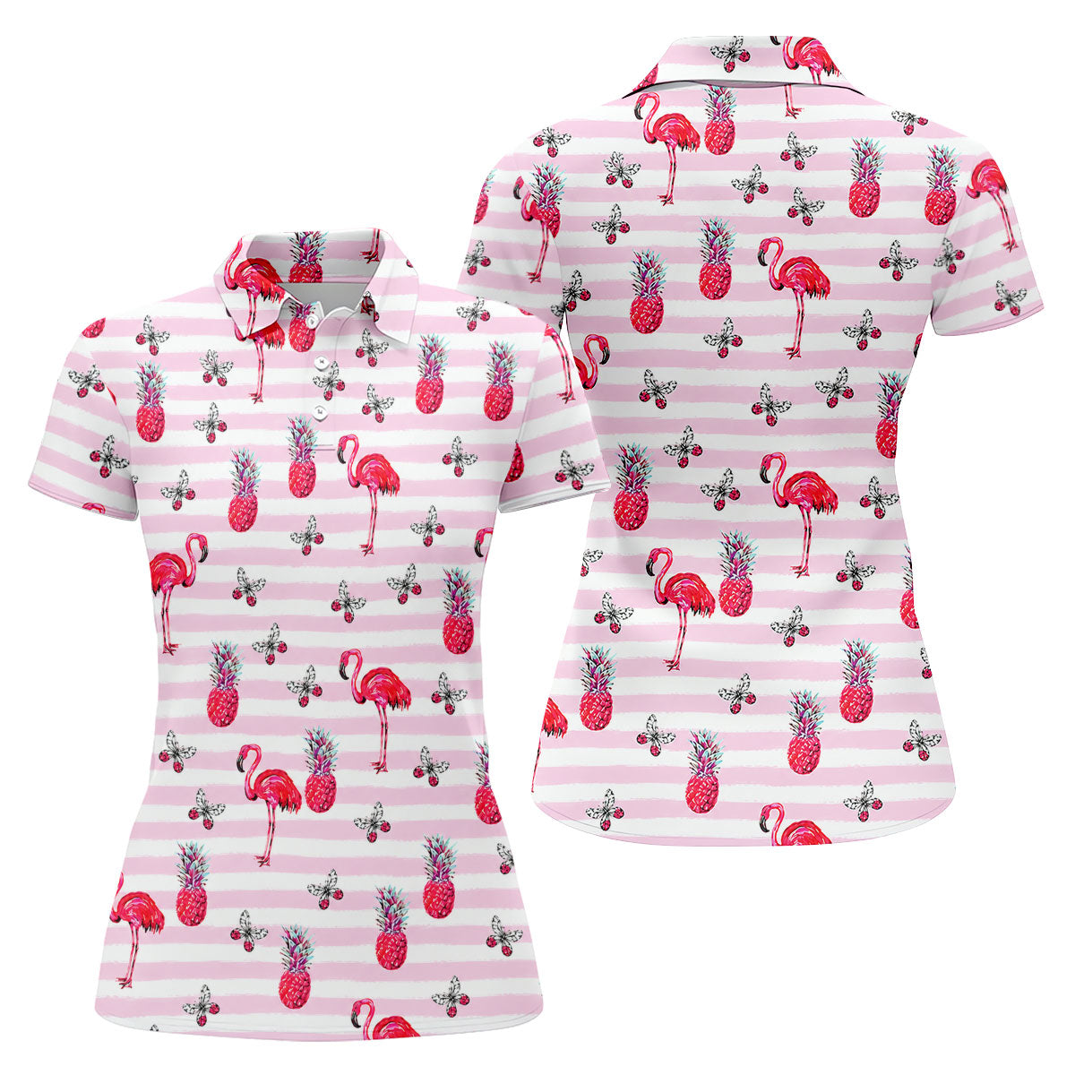 Pink Flamingo Pineapple Hawaiian Golf Polo Shirt, Golf Tops For Women, Printed Golf Shirt