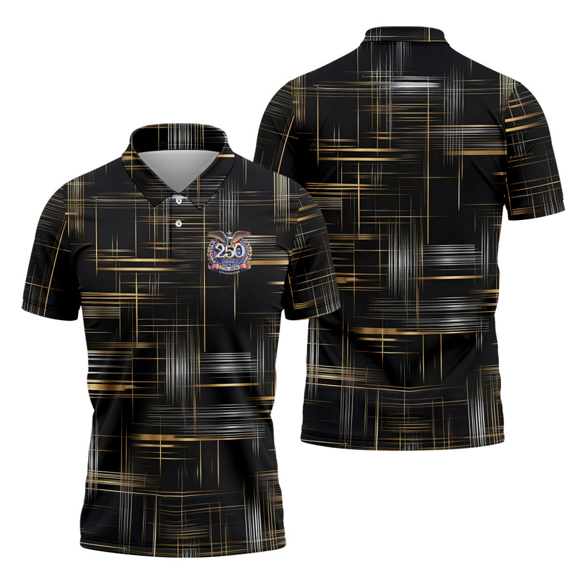 Gold And Silver Grid Pattern Patriotic 4th Of July Golf Shirt, 250 Years Golf Shirts For Men
