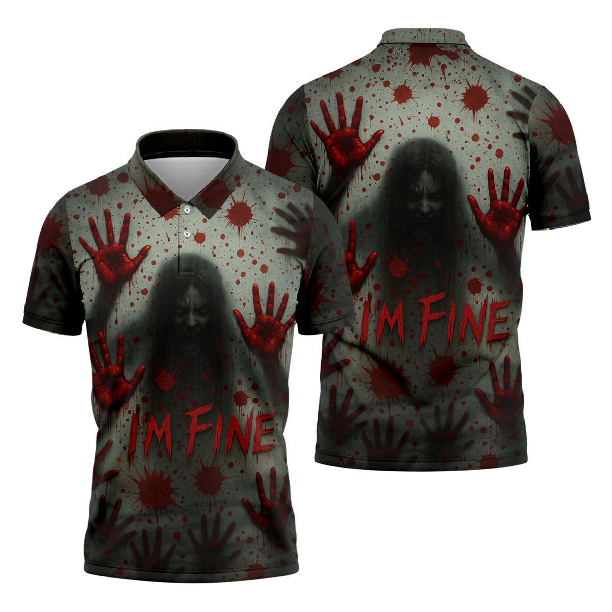 I'm Fine Horror Blood Hand Ghost Halloween Golf Polo Shirt, Printed Golf Shirts For Men