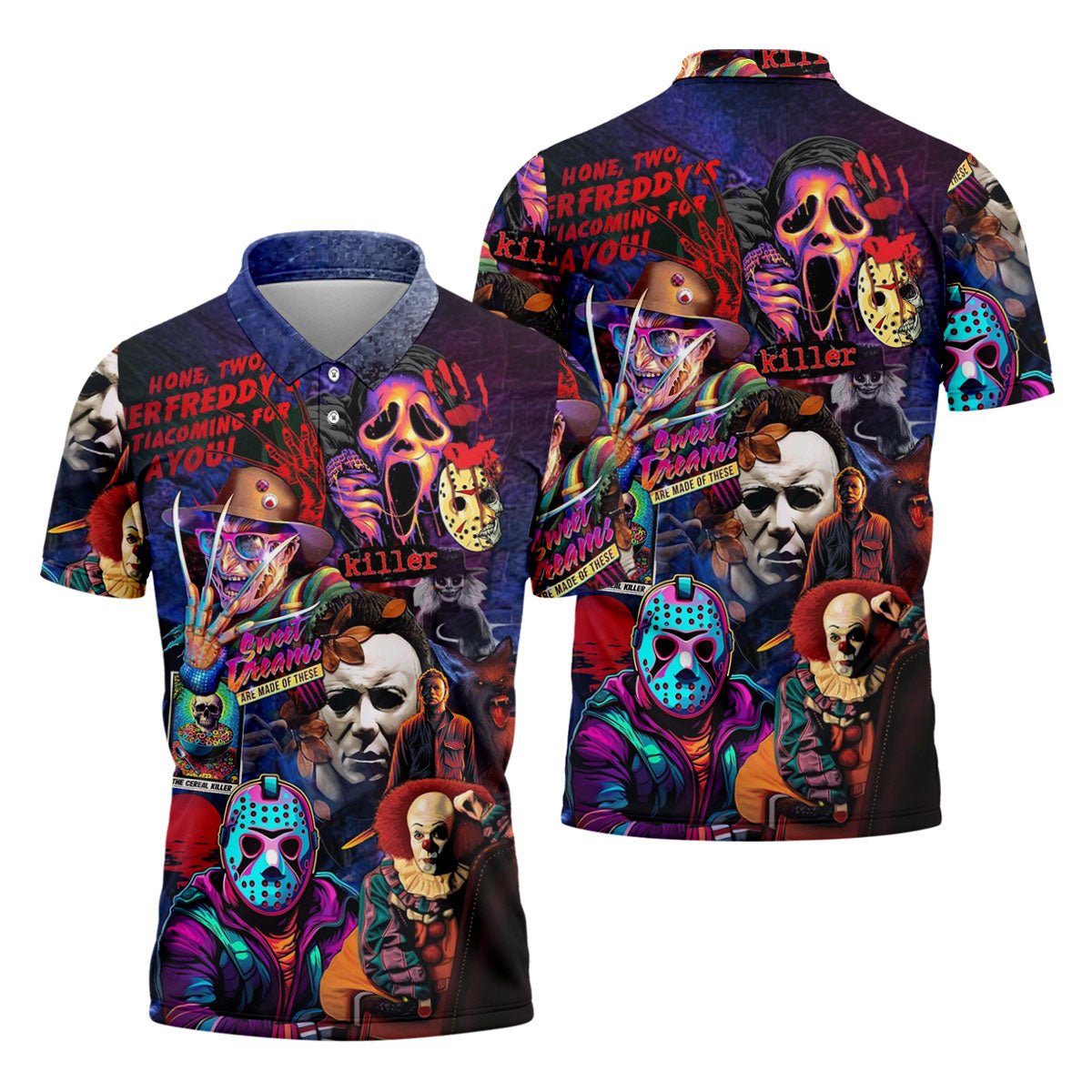 Vintage Horror Character Movie Villain Collage Golf Polo Shirt, Mens Golf Polo, Hawaiian Golf Shirt