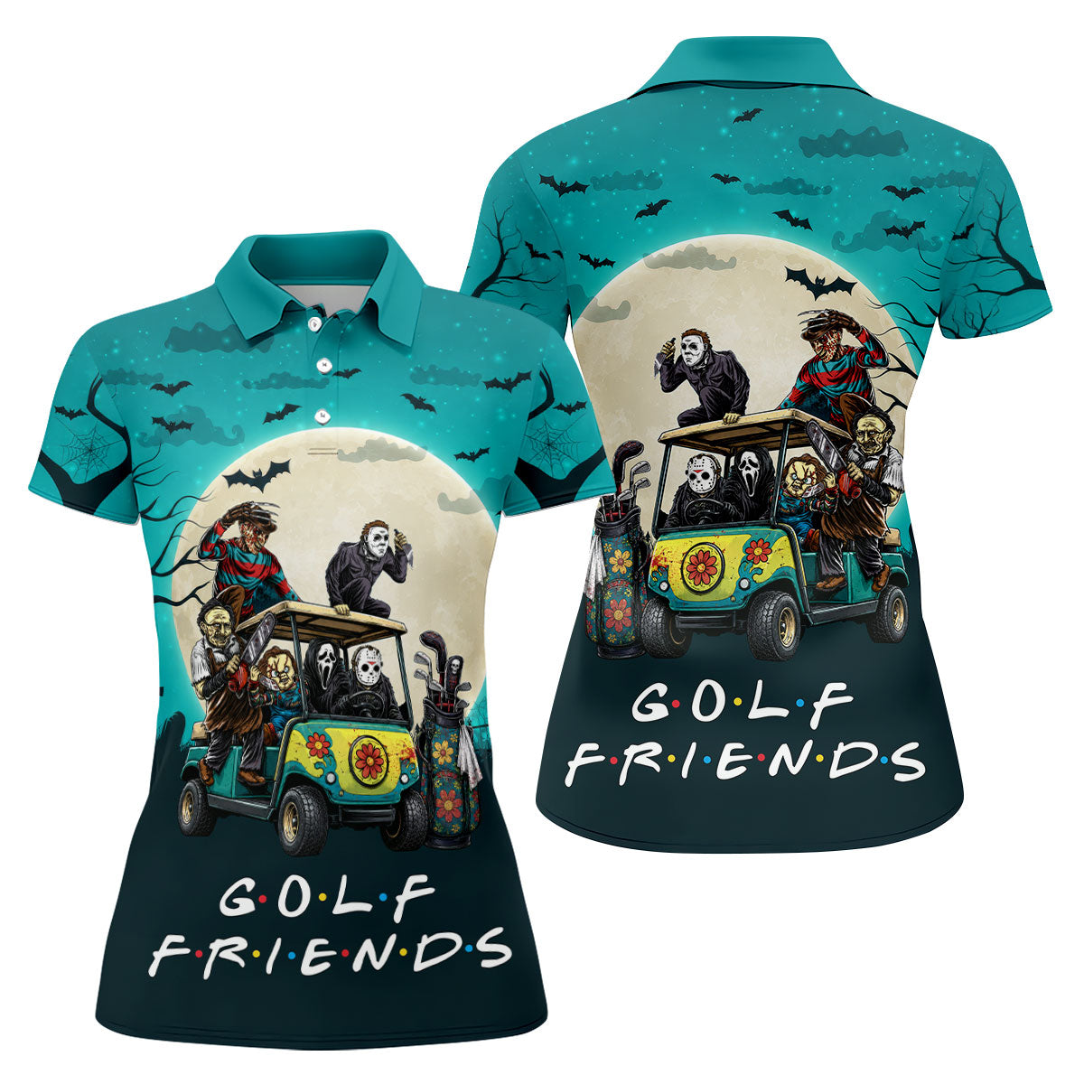 Horror Character Golf Cart Halloween Polo Shirt, Golf Shirts For Women, Halloween Shirt
