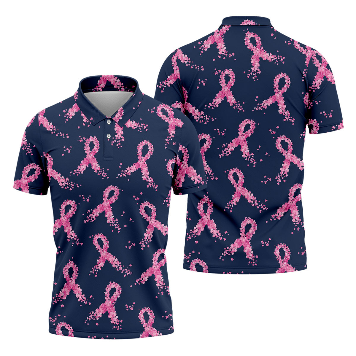 Pink Floral Ribbon Breast Cancer Awareness Polo Shirt, Men's Golf Shirt, Golf Apparel For Men