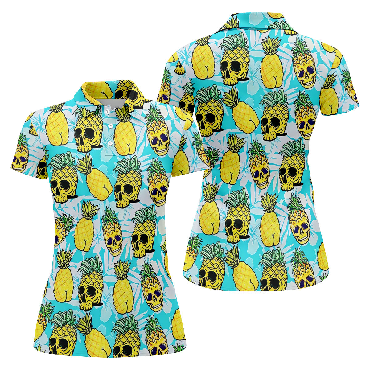 Tropical Pineapple Skull Pattern Golf Shirt, Women’s Golf Polo, Hawaiian Golf Shirt, Ladies Golf Shirts