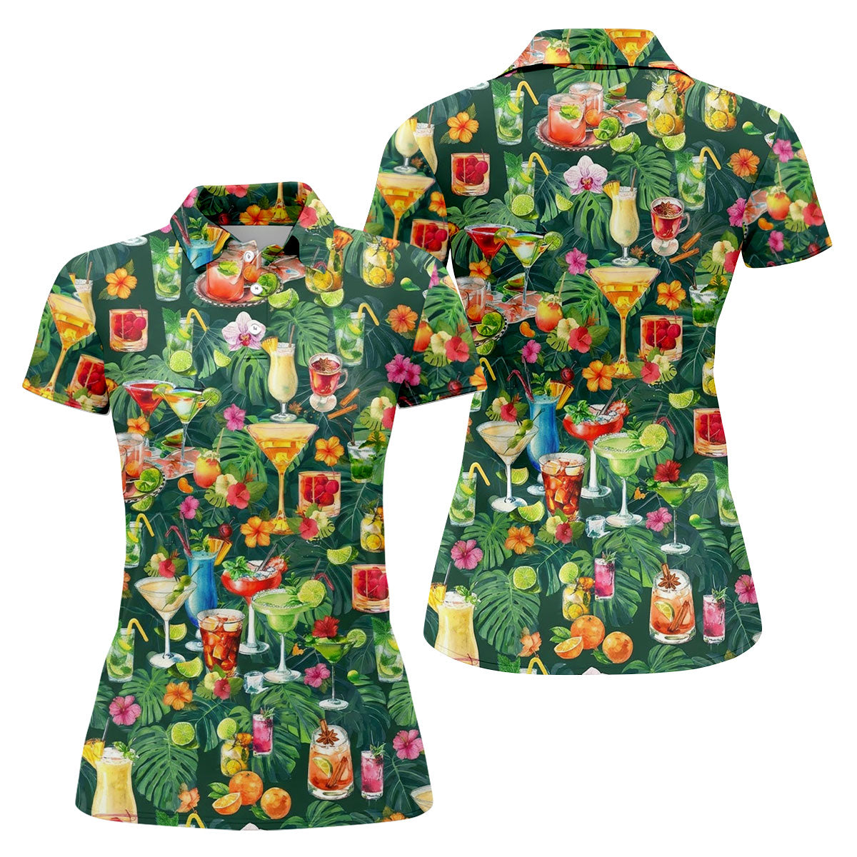 Tropical Cocktail Drinks And Floral Paradise Golf Polo, Hawaiian Golf Shirt, Ladies Golf Tops