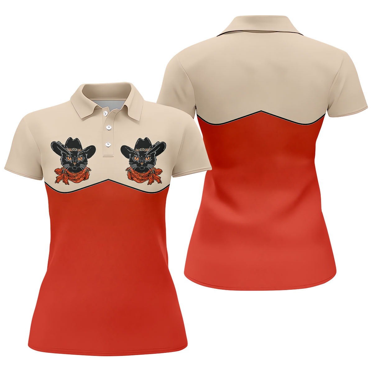 Red Western Cowboy Black Cat Golf Polo Shirt, Women's Golf Polo, Ladies Golf Shirts