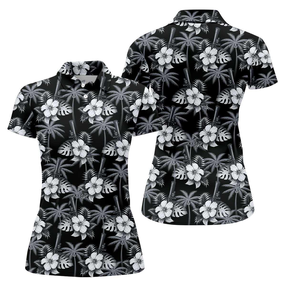 White Hibicus Black Hawaiian Golf Shirt, Tropical Summer Theme Golf Shirt For Women