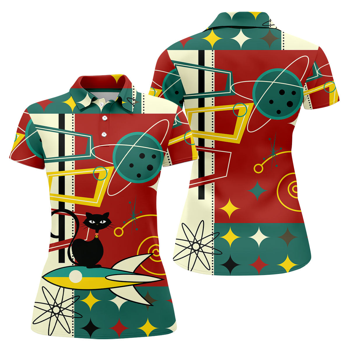 Geometric Abstraction Atomic Cat Hawaiian Golf Shirt, Retro Golf Shirt, Women's Golf Tops