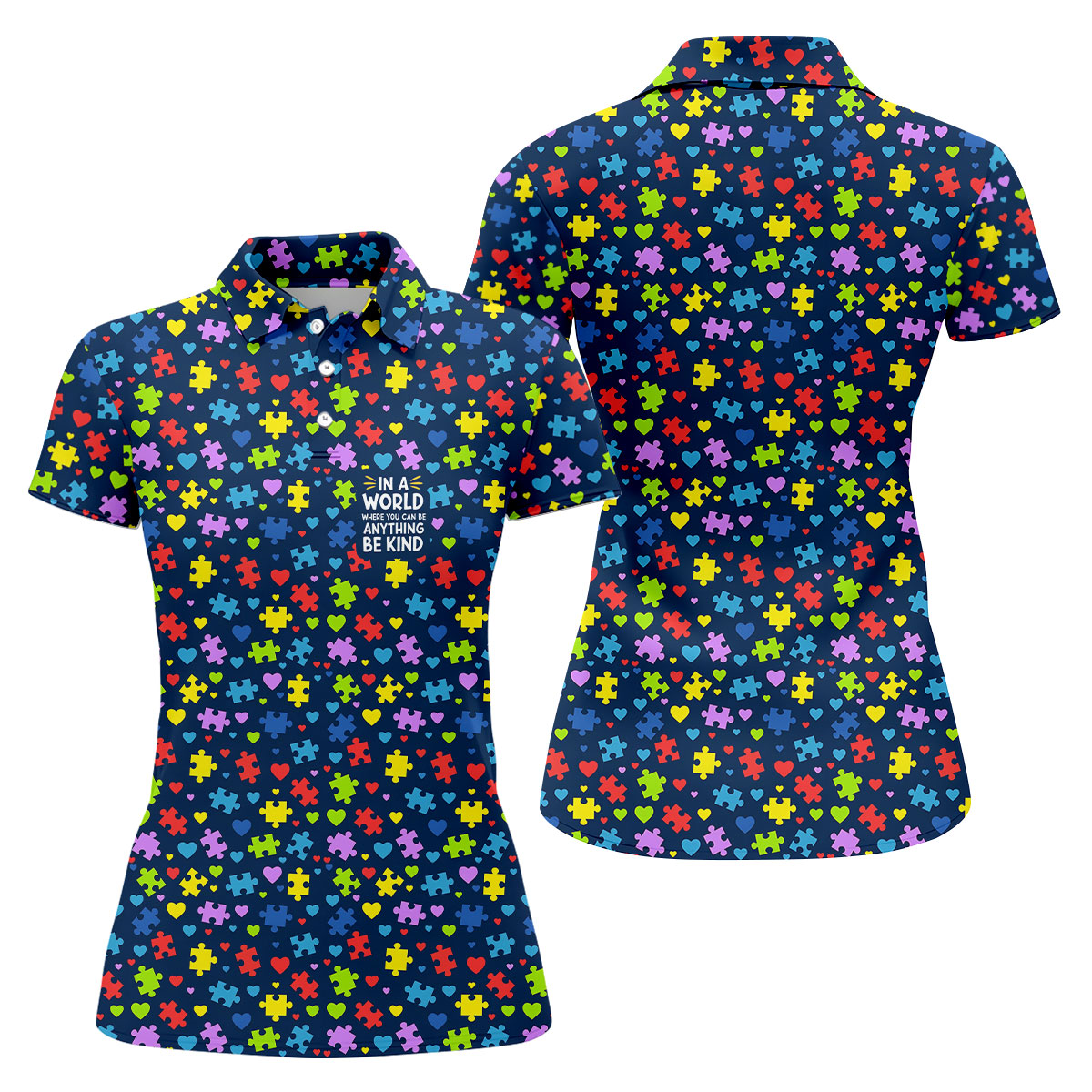 In A World Where You Can Be Anything Be Kind Autism Awareness Puzzle Pattern Navy Golf Shirt, Golf Shirt For Women