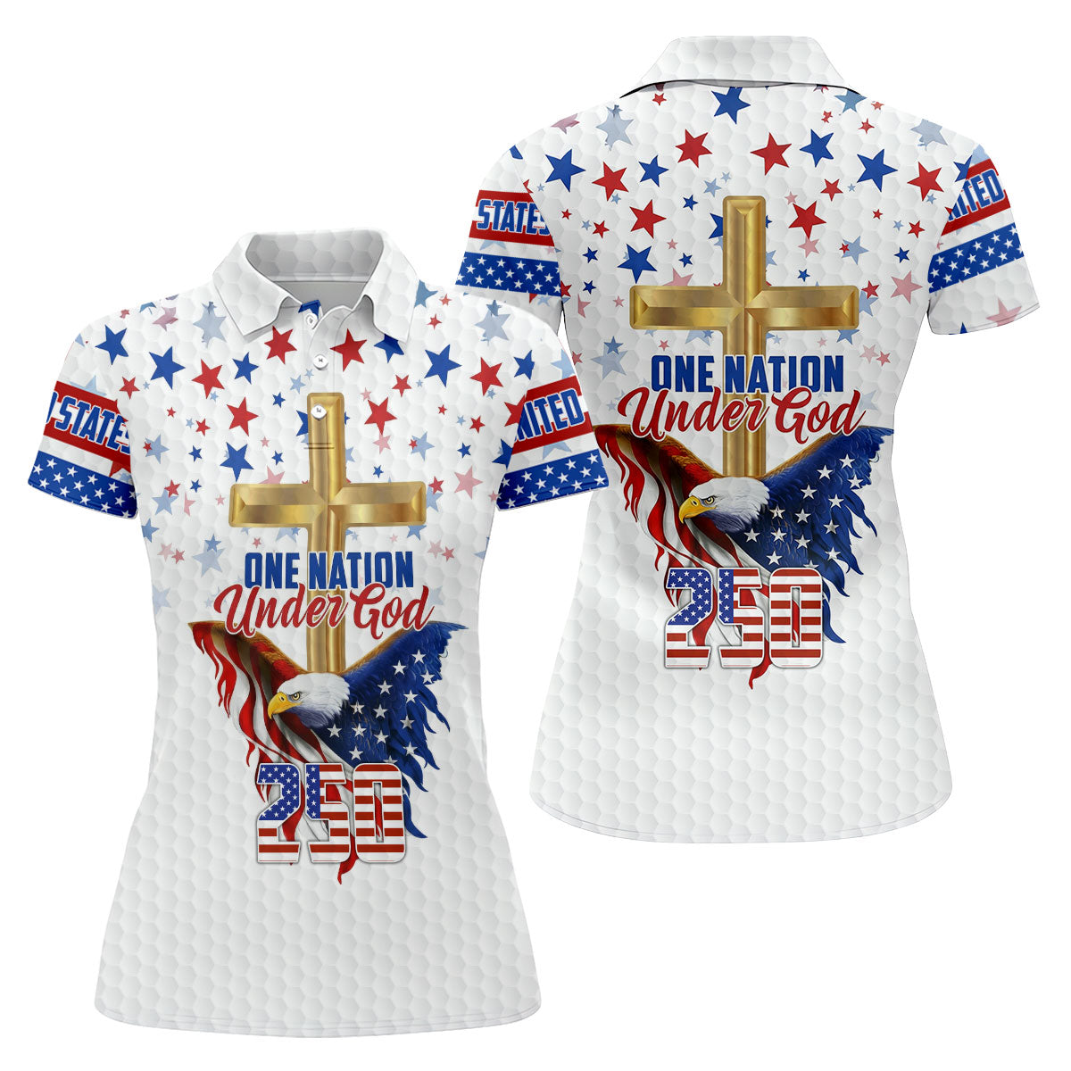 One Nation Under God Faith Cross Bald Eagle 4th Of July Golf Shirt, 250 Years Golf Shirt For Women