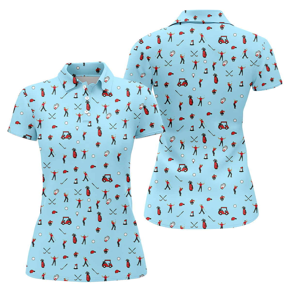 Blue Golf Player Pattern Polo Shirt, Women's Golf Tops, Ladies Golf Shirt