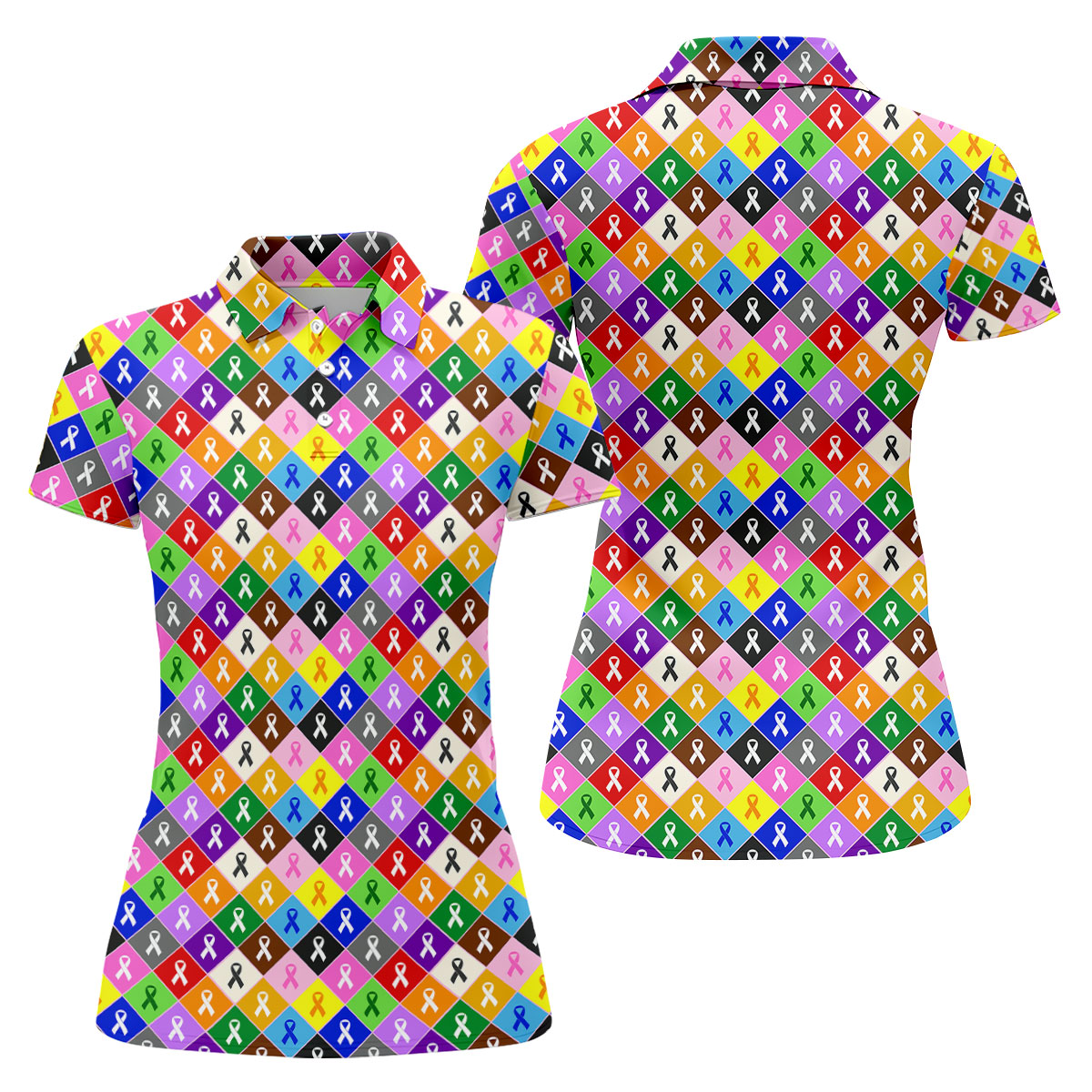 Colorful Awareness Ribbon Breast Cancer Golf Polo, Womens Golf Tops, Ladies Golf Shirts