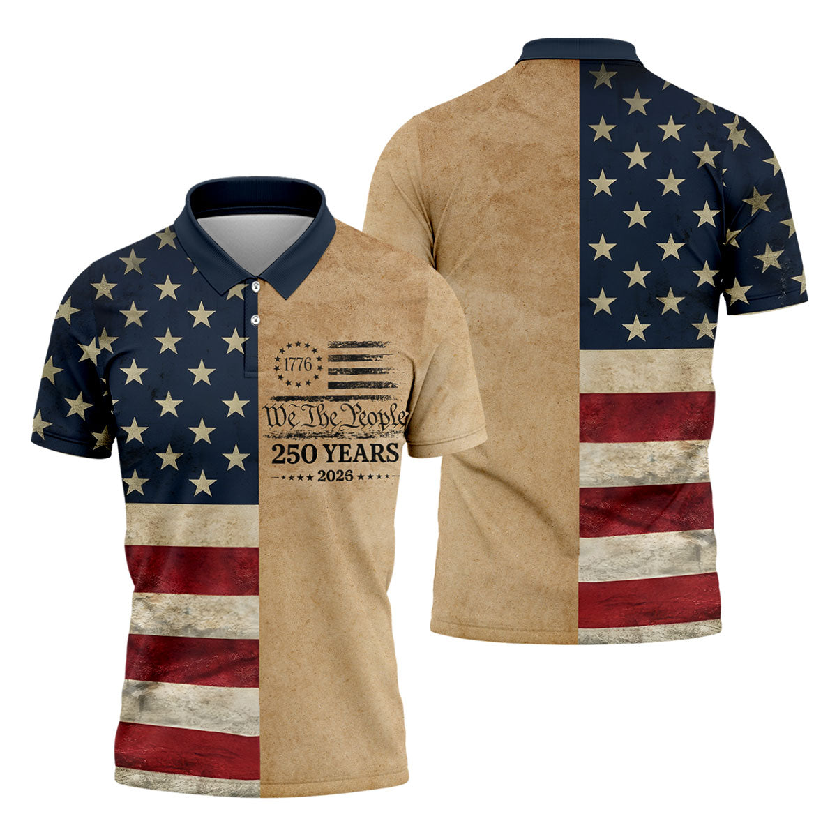 We The People 250 Years US Flag Pattern Patriotic Golf Shirt, 4th Of July Golf Shirts For Men