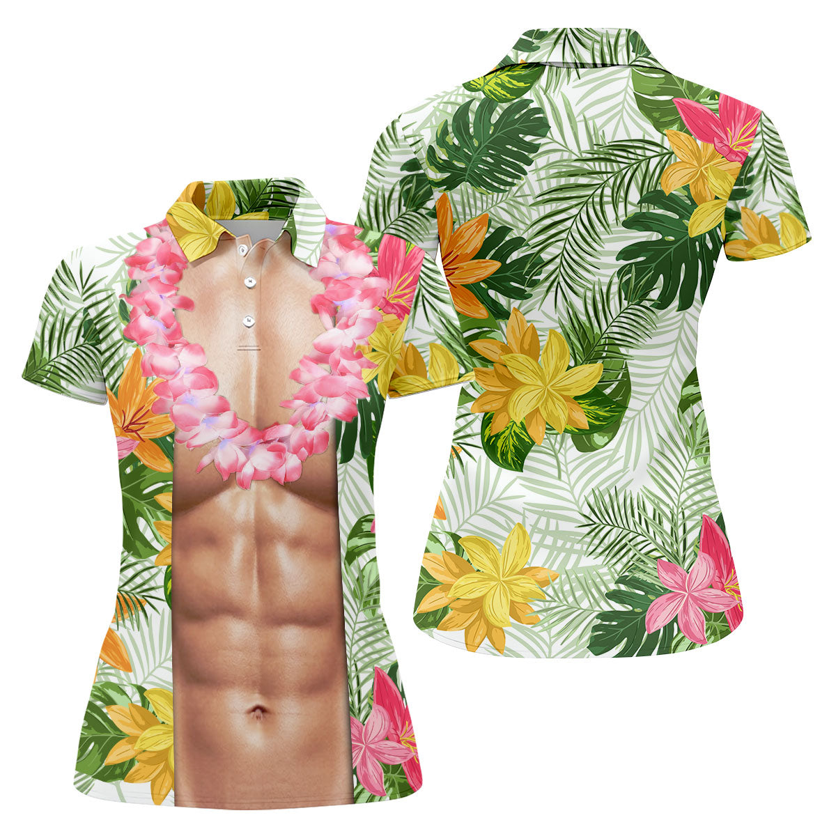Light Skin Tropical Muscle Chest Hawaiian Golf Polo Shirt, Golf Shirts For Women, Women's Golf Apparel