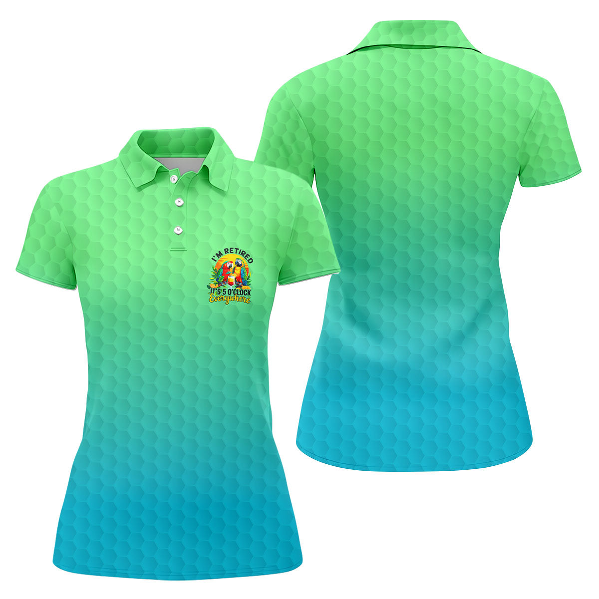 Tropical Retired Parrot Cocktail Golf Polo Shirt, Ladies Golf Shirts, Women's Golf Apparel
