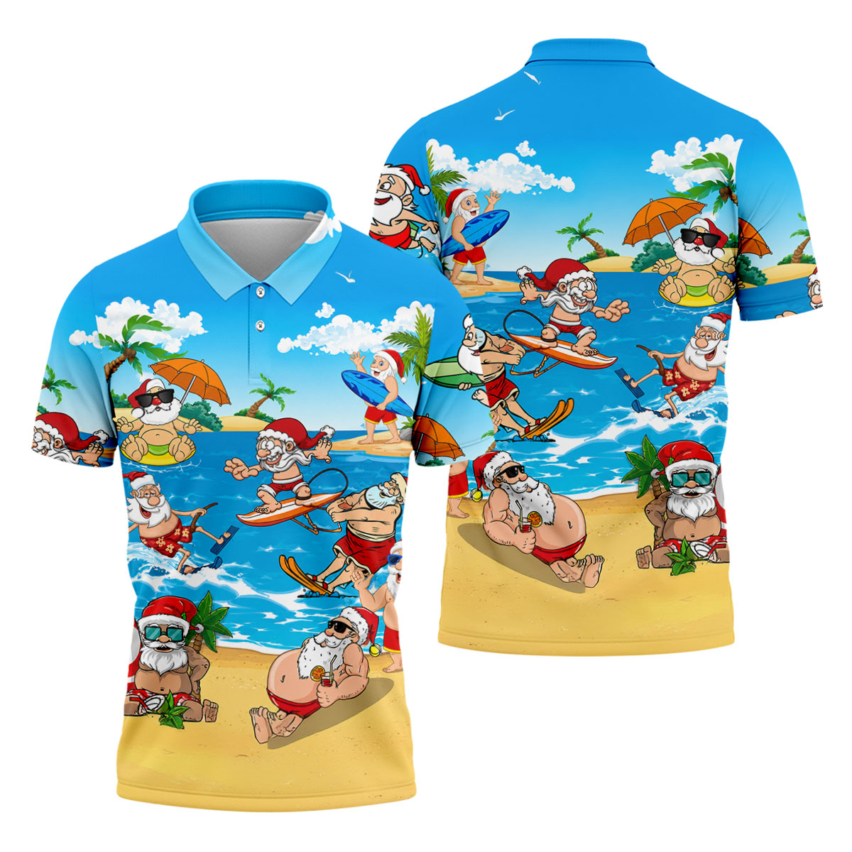 Santa Claus Surfing Summer Beach Party Golf Shirt, Xmas In July Mens Golf Polo, Christmas Golf Shirts