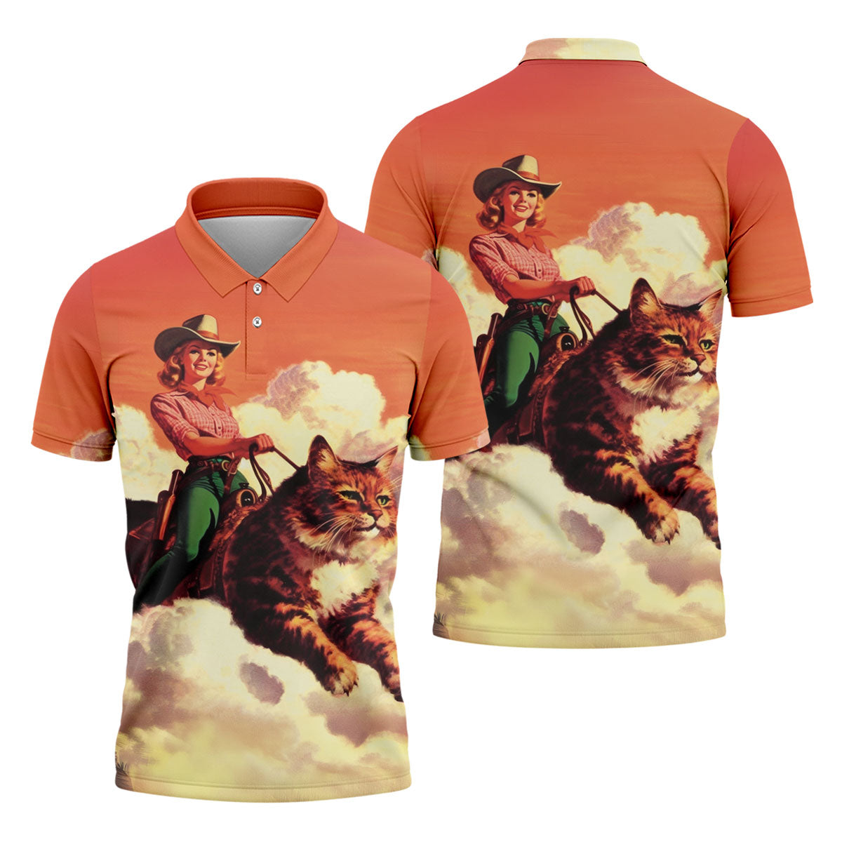 Orange Vintage Cowgirl Riding Giant Cat Golf Polo Shirt, Golf Shirts For Men, Hawaiian Golf Shirt