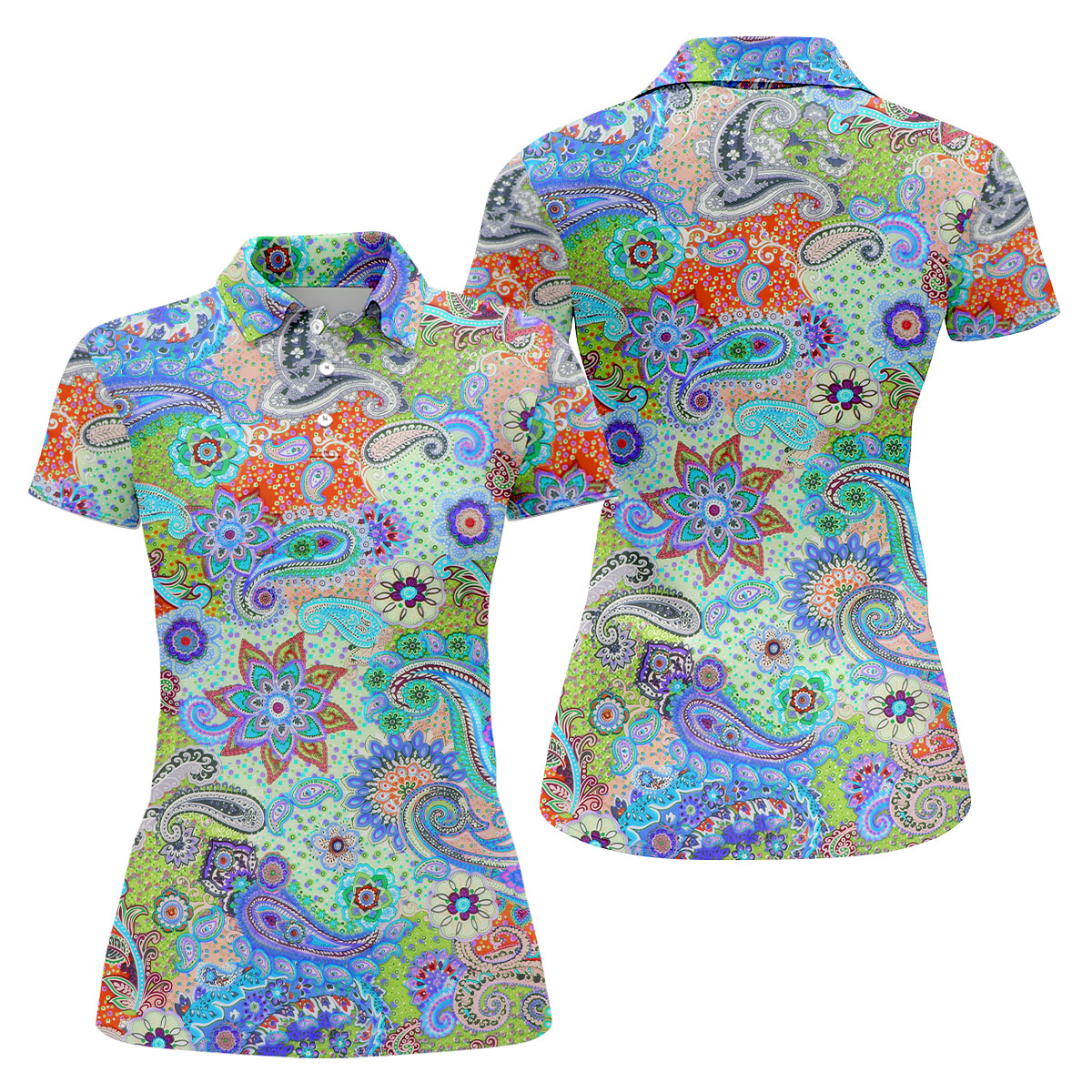 Colorful Boho Paisley Floral Pattern Golf Polo, Women's Golf Tops, Printed Golf Shirt