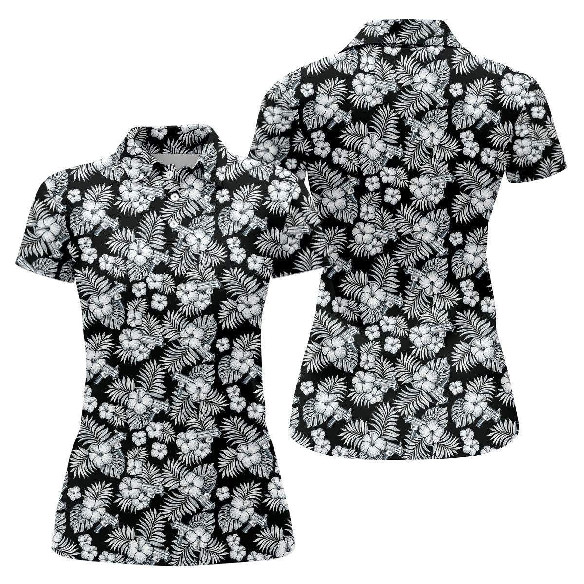 Black And White Pattern Tropical Hawaiian Golf Shirt, Summer Theme Golf Shirt For Women