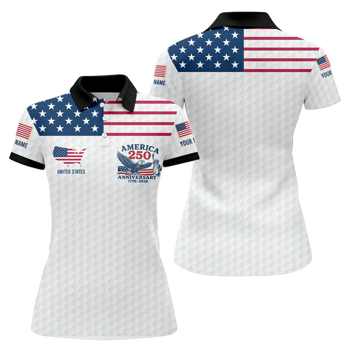 America 250 Anniversary 1776-2026 Golf Ball Pattern Patriotic Golf Shirt, Women's Golf Tops, Ladies Golf Polos