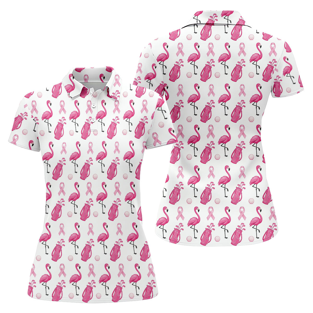 Pink Flamingo Golf Bag Breast Cancer Polo Shirt, Women’s Golf Polo, Ladies Golf Shirts