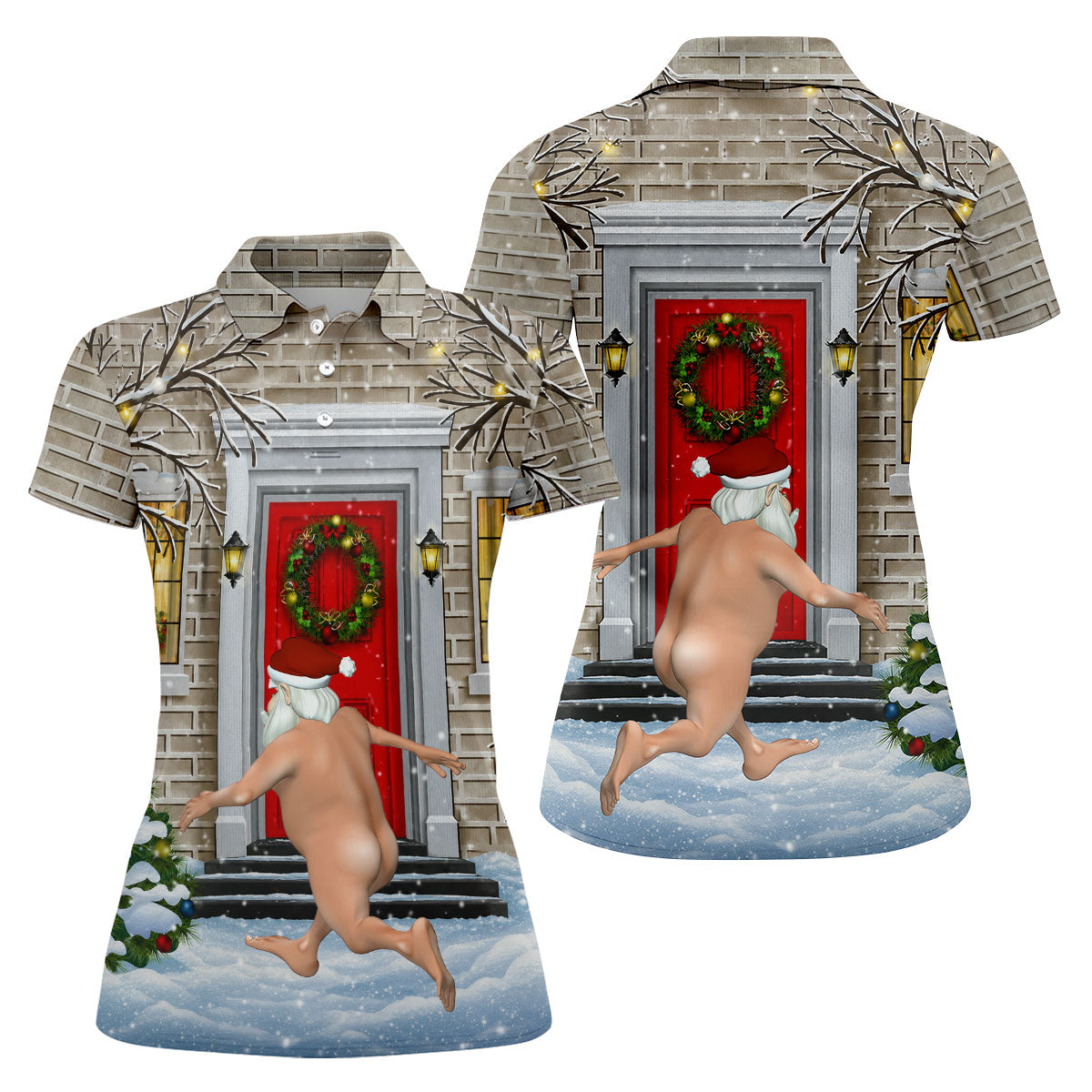 Women's Streaking Santa Doorbell Golf Shirt, Christmas Golf Shirt, Women’s Golf Apparel