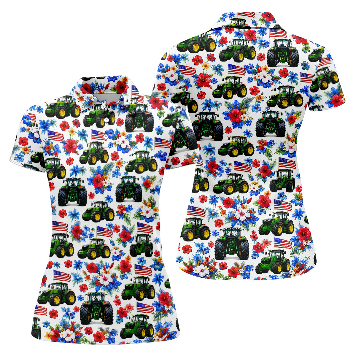 American Tractor Golf Shirt, Patriotic Wildflower Country Farm Pattern, Golf Shirt For Women
