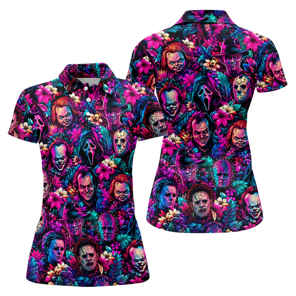 Neon Floral Horror Character Halloween Golf Shirt, Golf Shirts For Women, Women's Golf Apparel