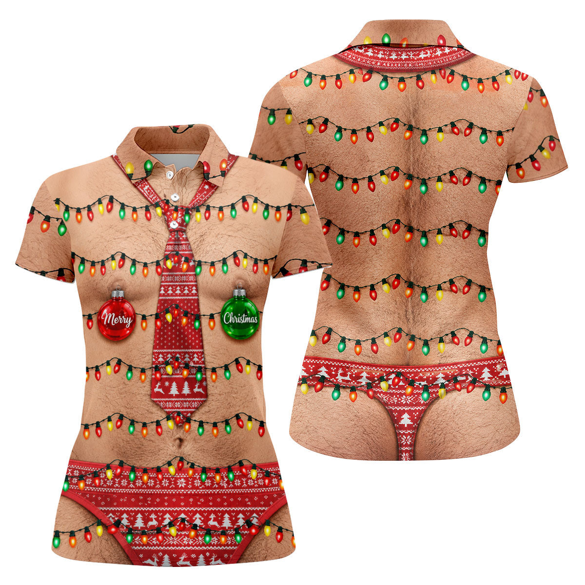 Funny Merry Christmas Lights Tie Polo Shirt, Printed Golf Shirt, Golf Shirts For Women