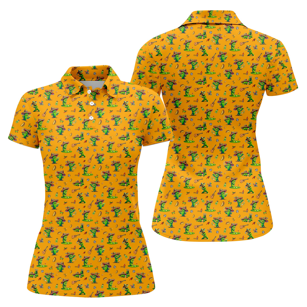 Cartoon Mustach Funny Cactus Cinco De Mayo Celebration Fiesta Themed Orange Golf Shirt For Women