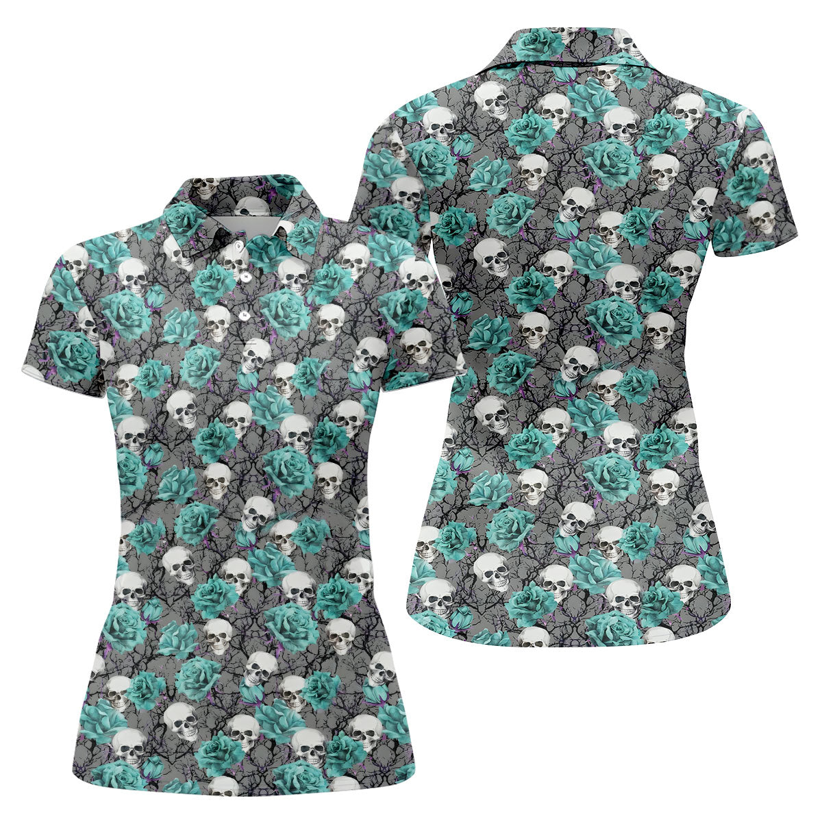 Teal Rose Skull Gothic Pattern Golf Polo Shirt, Ladies Golf Shirt, Golf Polo For Women