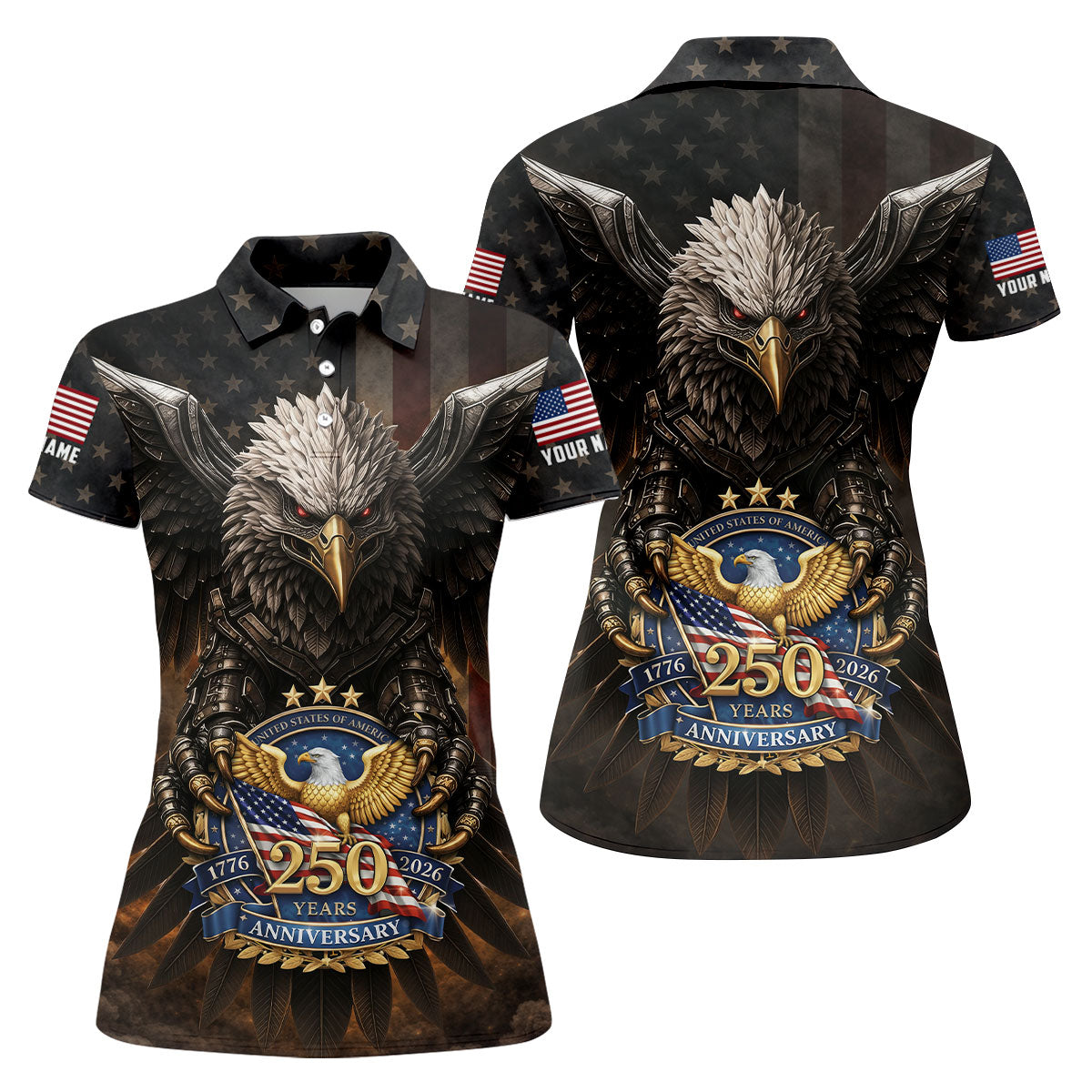 250 Years Fierce Eagle American Flag Retro Golf Shirt, Patriotic 4th Of July Golf Shirt For Women