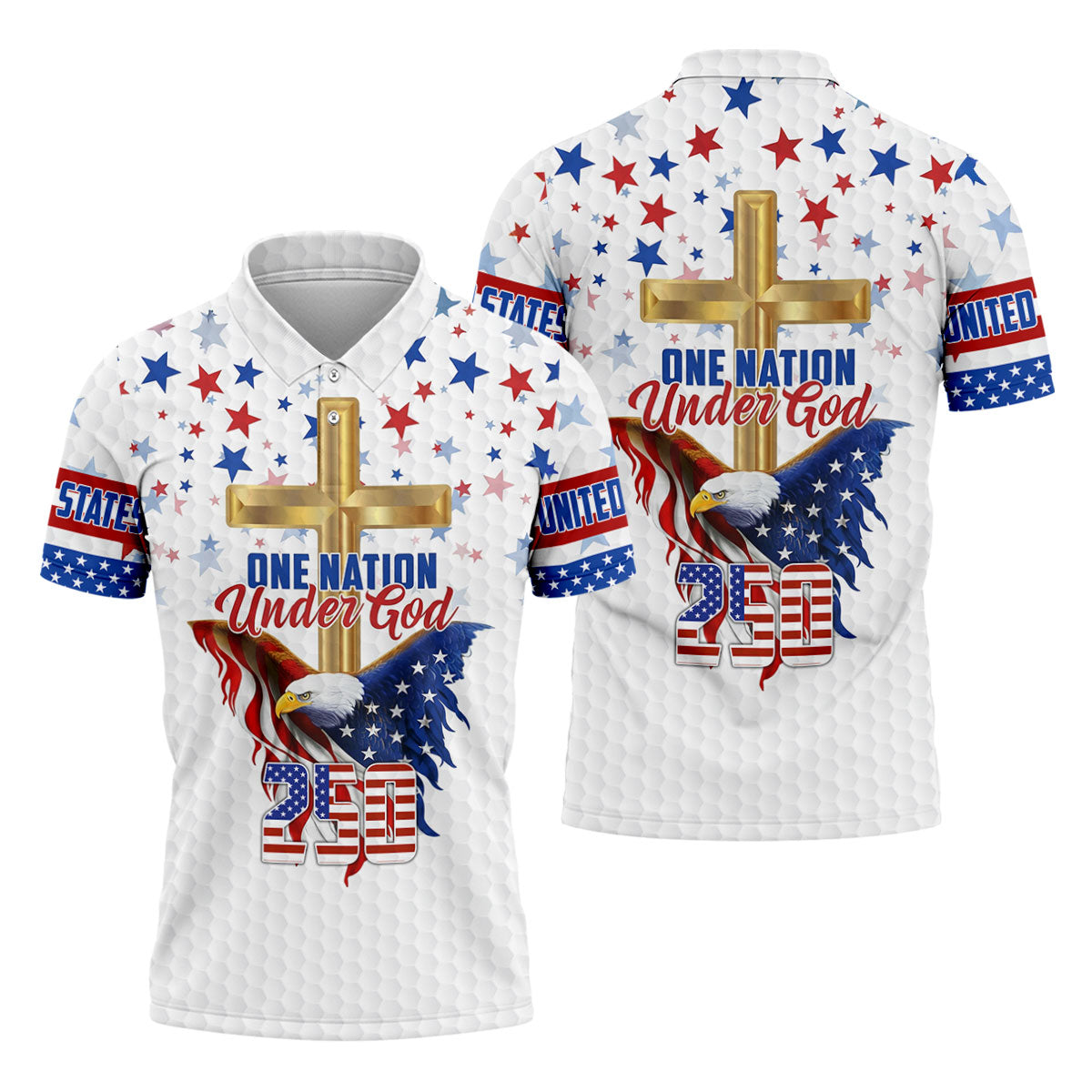One Nation Under God Faith Cross Bald Eagle 4th Of July Golf Shirt, 250 Years Golf Shirts For Men